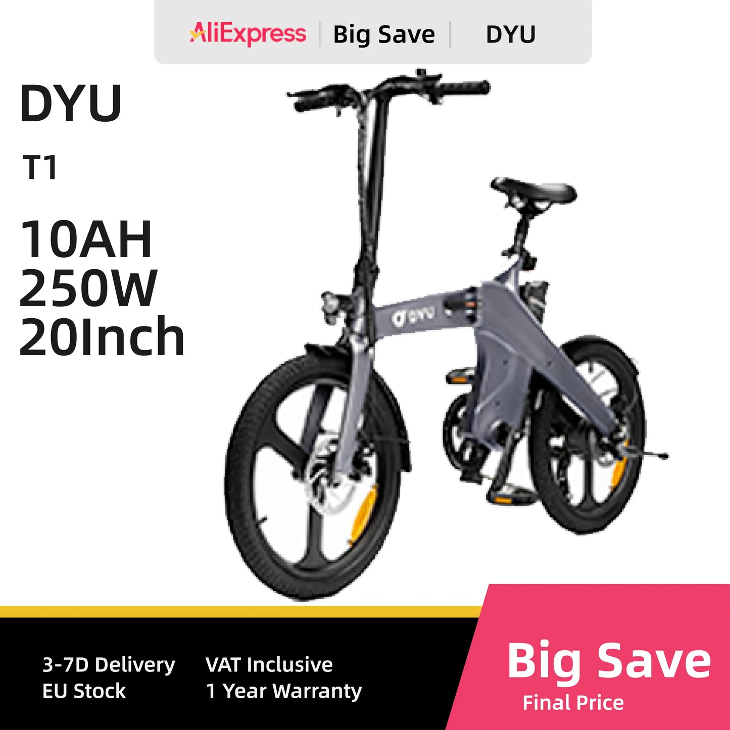 DYU T1 vélo électrique 250W moteur sans brosse 36V10AH batterie au Lithium e-bike adulte 20 pouces pneu pliable vélo électrique