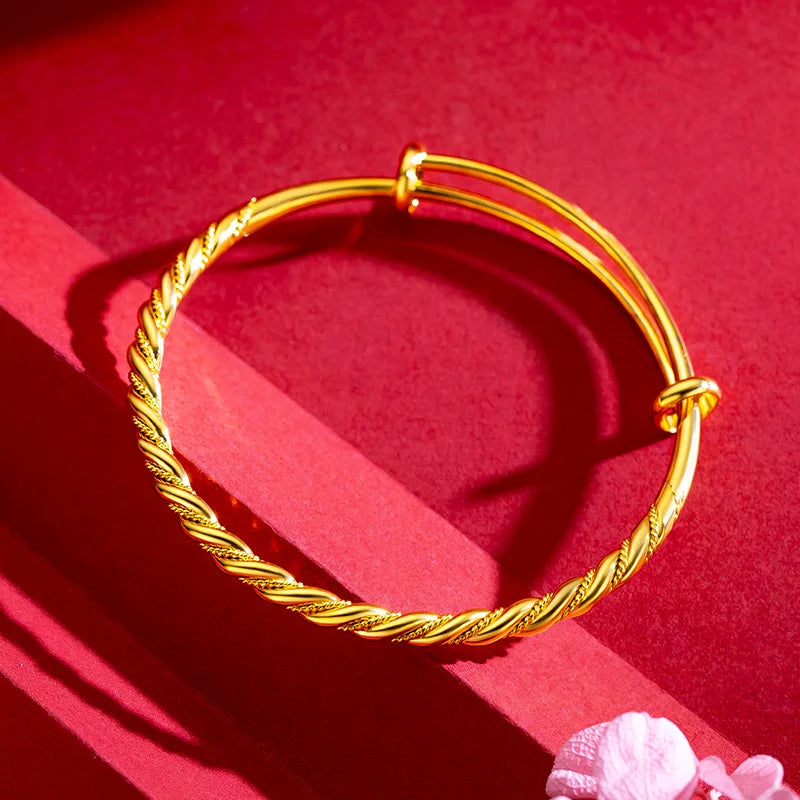 Bracelets en or jaune pur 18 carats pour femmes, torsadé réglable en pâte frite, bijoux de luxe pour fête de mariage, tendance, 999