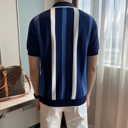 T-shirt à manches courtes en soie glacée à rayures contrastées pour homme, tendance mode été 2024, style britannique, décontracté, col polo