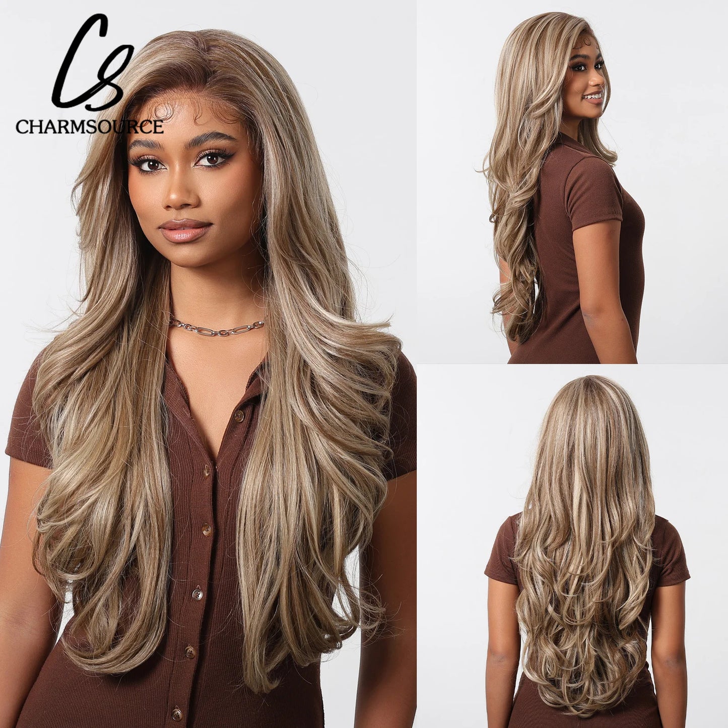 Charm Source 13x6 Perruque en dentelle longue ondulée brune avec racines foncées pour femme, perruque de fête quotidienne, cosplay, mariage, haute densité