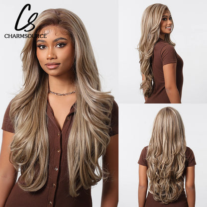Charm Source 13x6 Perruque en dentelle longue ondulée brune avec racines foncées pour femme, perruque de fête quotidienne, cosplay, mariage, haute densité