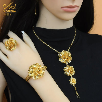ANIID – ensemble de bijoux africains couleur or pour femmes, collier Long à fleurs indiennes, boucles d'oreilles, bijoux nigérians plaqués or 24K, mariage de dubaï