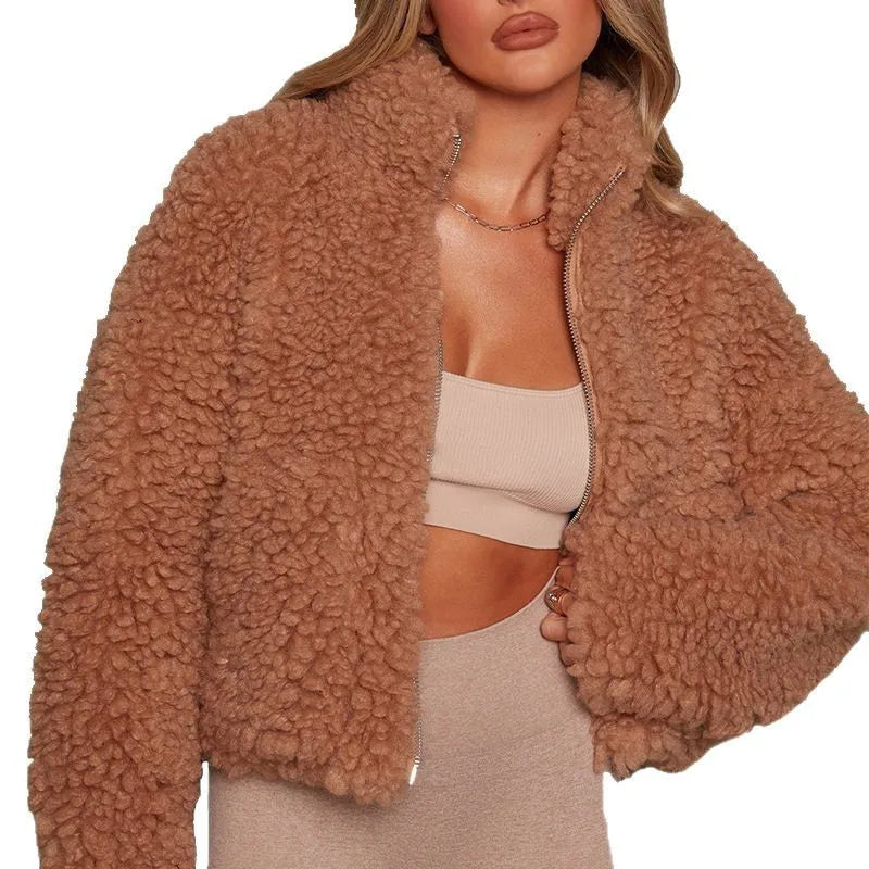 Cappotti A Maniche Lunghe hiver chaud en peluche col montant veste courte femmes Cardigan veste couleur unie veste Chaqueta Mujer