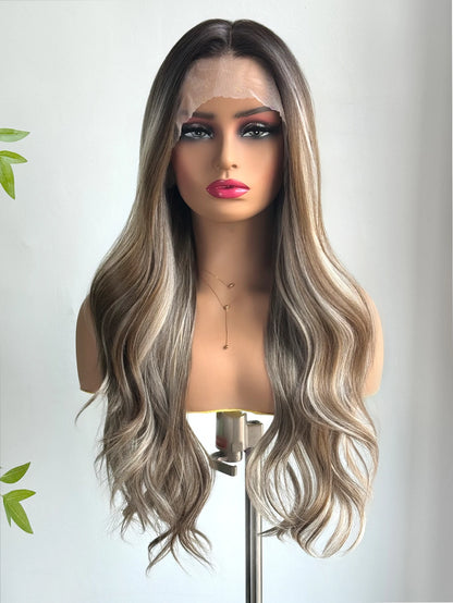 Charm Source 13x6 Perruque en dentelle longue ondulée brune avec racines foncées pour femme, perruque de fête quotidienne, cosplay, mariage, haute densité