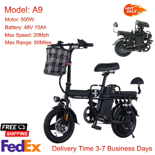 GleeRide A9 Vélo électrique 2 places, mini vélo électrique pliant 500 W 14", batterie amovible 48 V 15 Ah, longue portée 50 milles 20 MPH