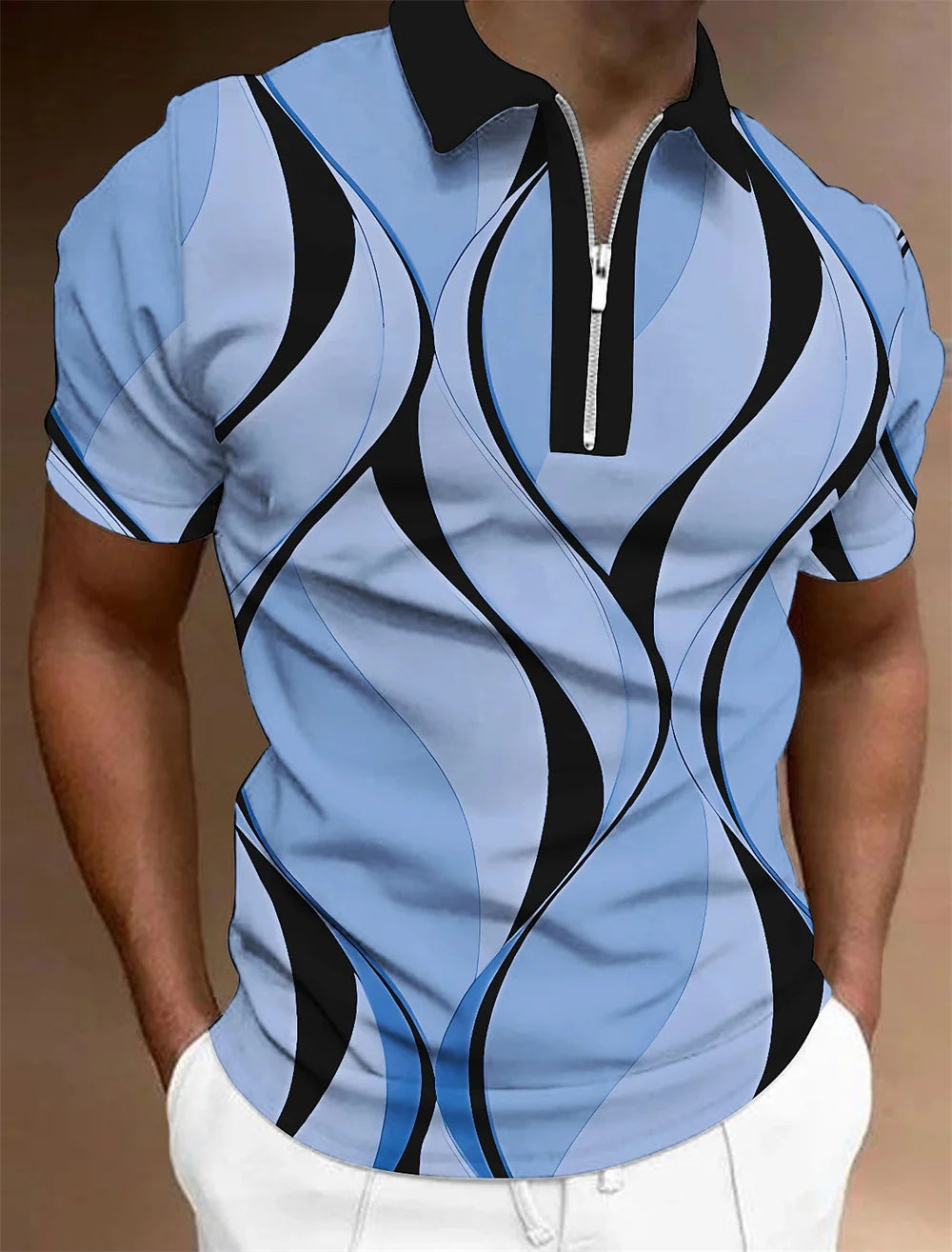 Polo à revers zippé pour homme Polos de golf Imprimés graphiques Géométrie Linéaire Rabattu Manches courtes Fermeture éclair Vêtements Hauts Designer