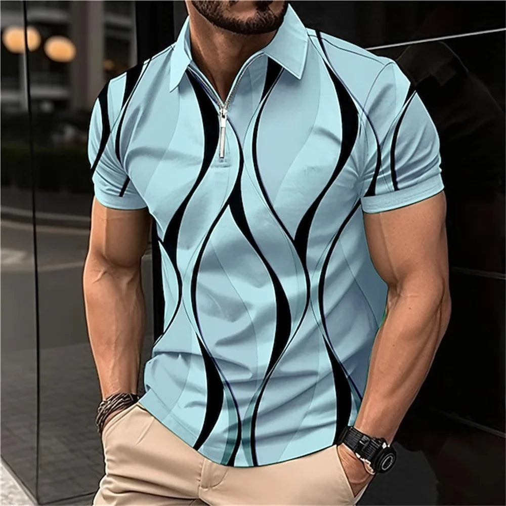 Polo à revers zippé pour homme Polos de golf Imprimés graphiques Géométrie Linéaire Rabattu Manches courtes Fermeture éclair Vêtements Hauts Designer