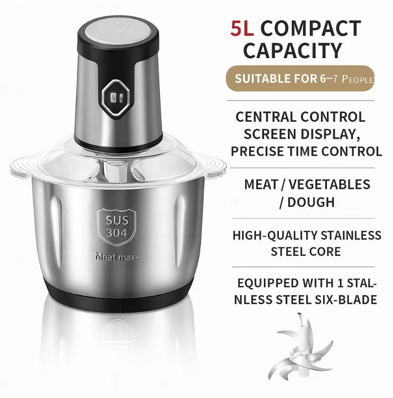 Hachoir à viande multifonctionnel 5L 500W en acier inoxydable, machine de cuisine, broyeur, 4 étapes, viande/légumes/puisse hachée