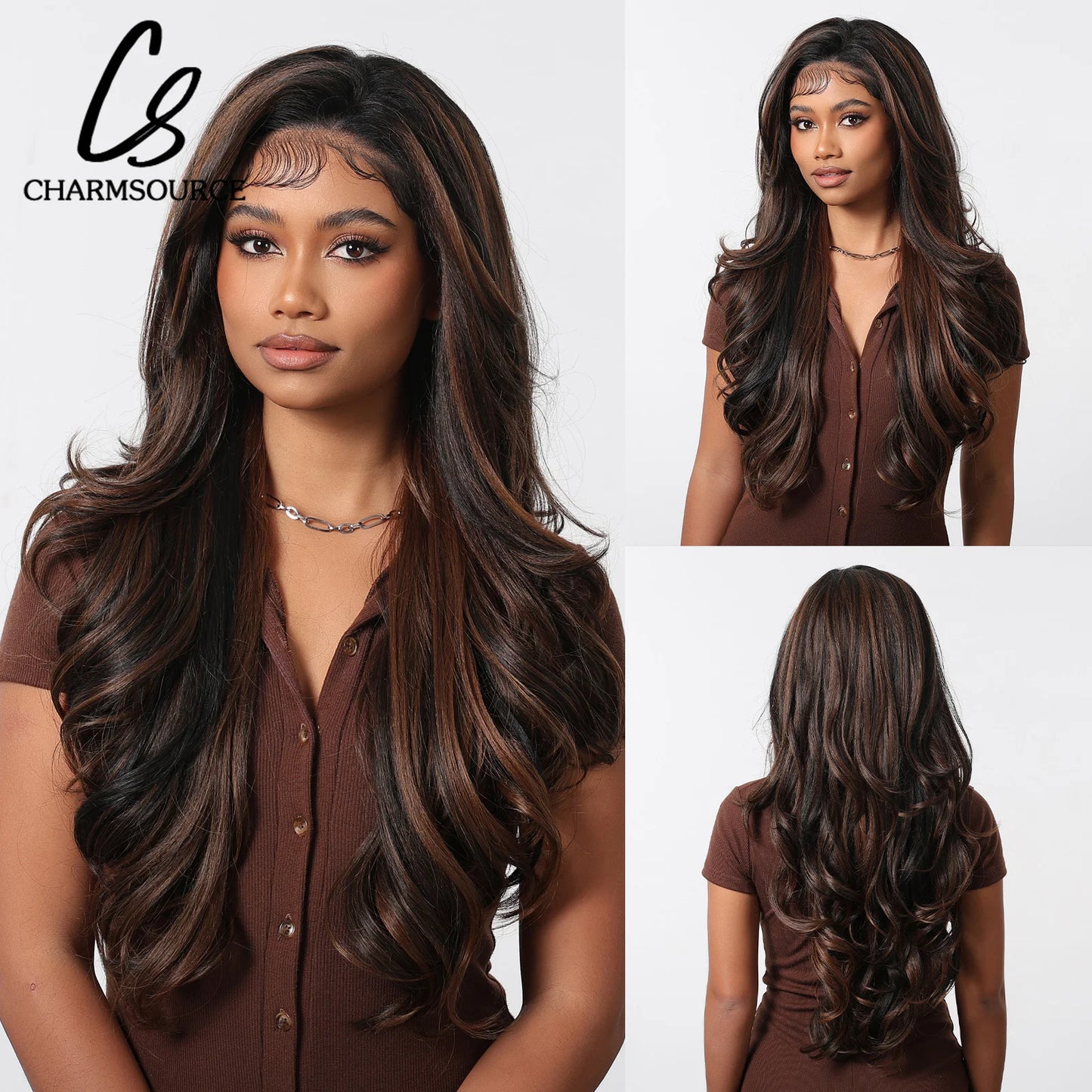 Charm Source 13x6 Perruque en dentelle longue ondulée brune avec racines foncées pour femme, perruque de fête quotidienne, cosplay, mariage, haute densité