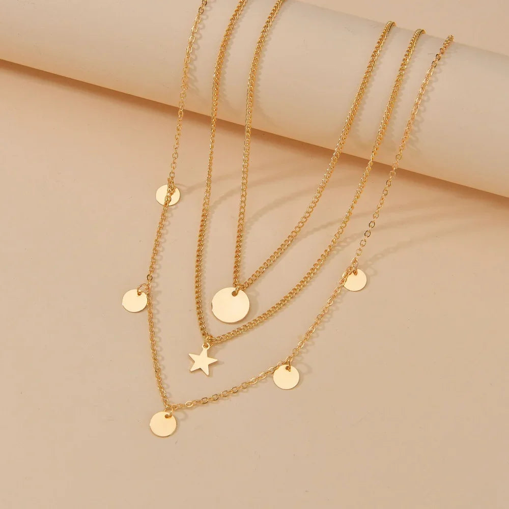 Collier avec pendentif en forme d'étoile ronde plaqué or pour femme, chaîne à plusieurs niveaux, style vintage, style bohème, punk, vente en gros
