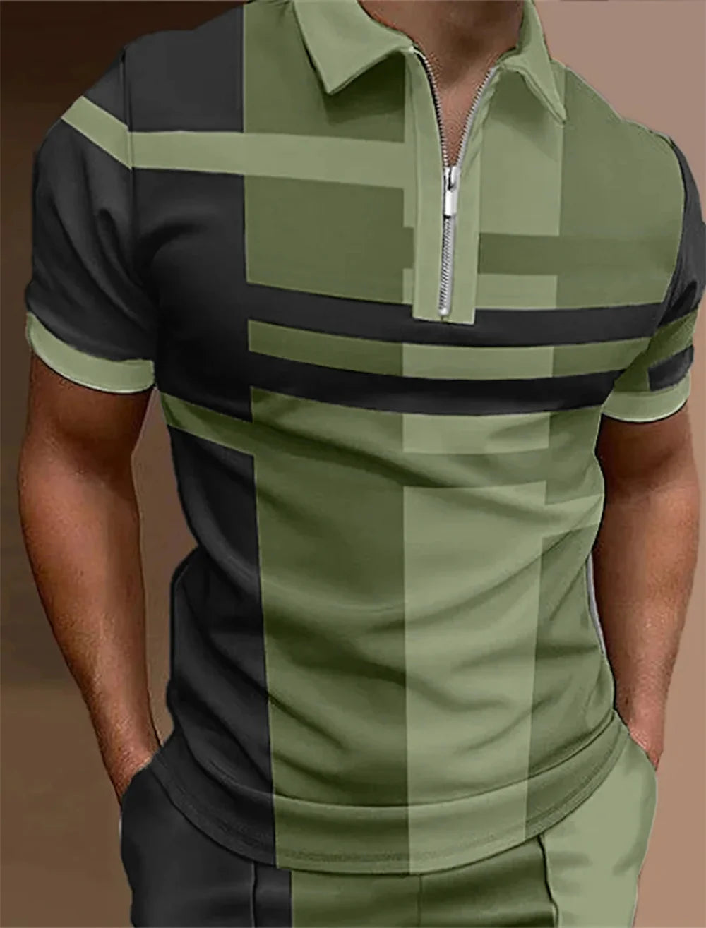 Polo à revers zippé pour homme Polos de golf Imprimés graphiques Géométrie Linéaire Rabattu Manches courtes Fermeture éclair Vêtements Hauts Designer