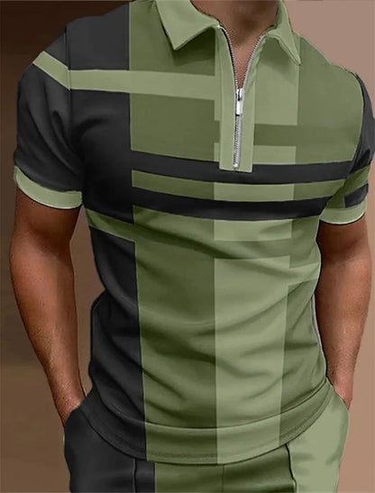Polo à revers zippé pour homme Polos de golf Imprimés graphiques Géométrie Linéaire Rabattu Manches courtes Fermeture éclair Vêtements Hauts Designer