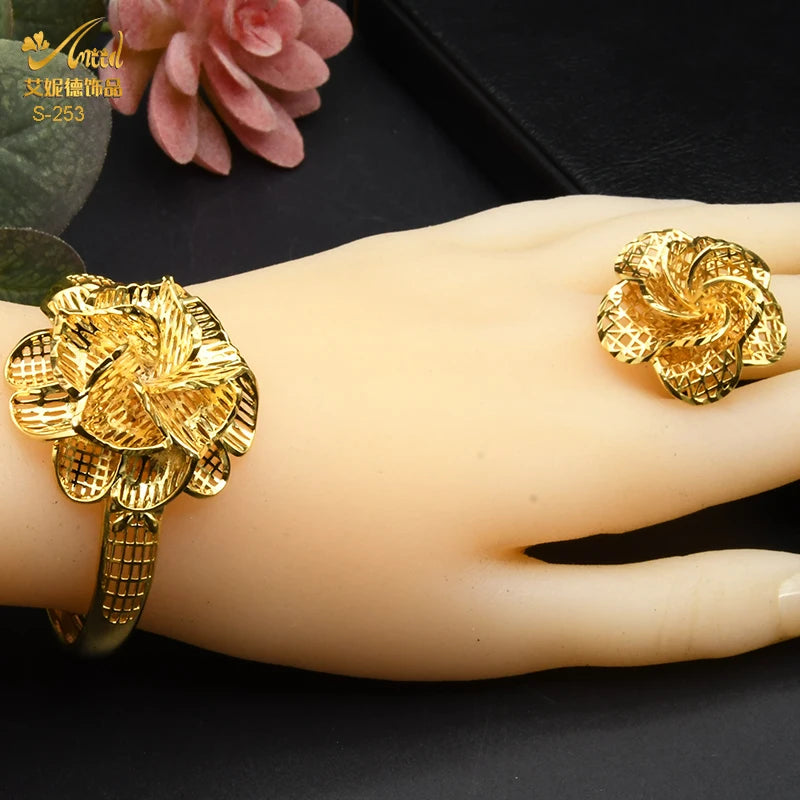 ANIID – ensemble de bijoux africains couleur or pour femmes, collier Long à fleurs indiennes, boucles d'oreilles, bijoux nigérians plaqués or 24K, mariage de dubaï