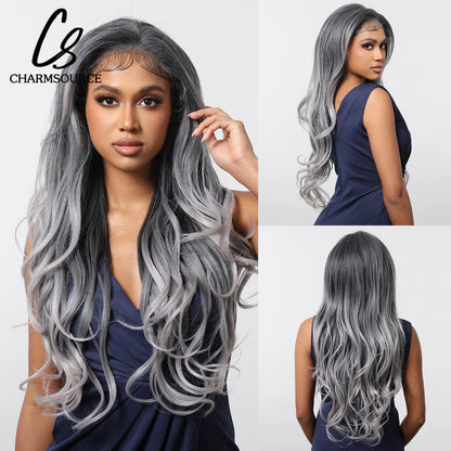 Charm Source 13x6 Perruque en dentelle longue ondulée brune avec racines foncées pour femme, perruque de fête quotidienne, cosplay, mariage, haute densité