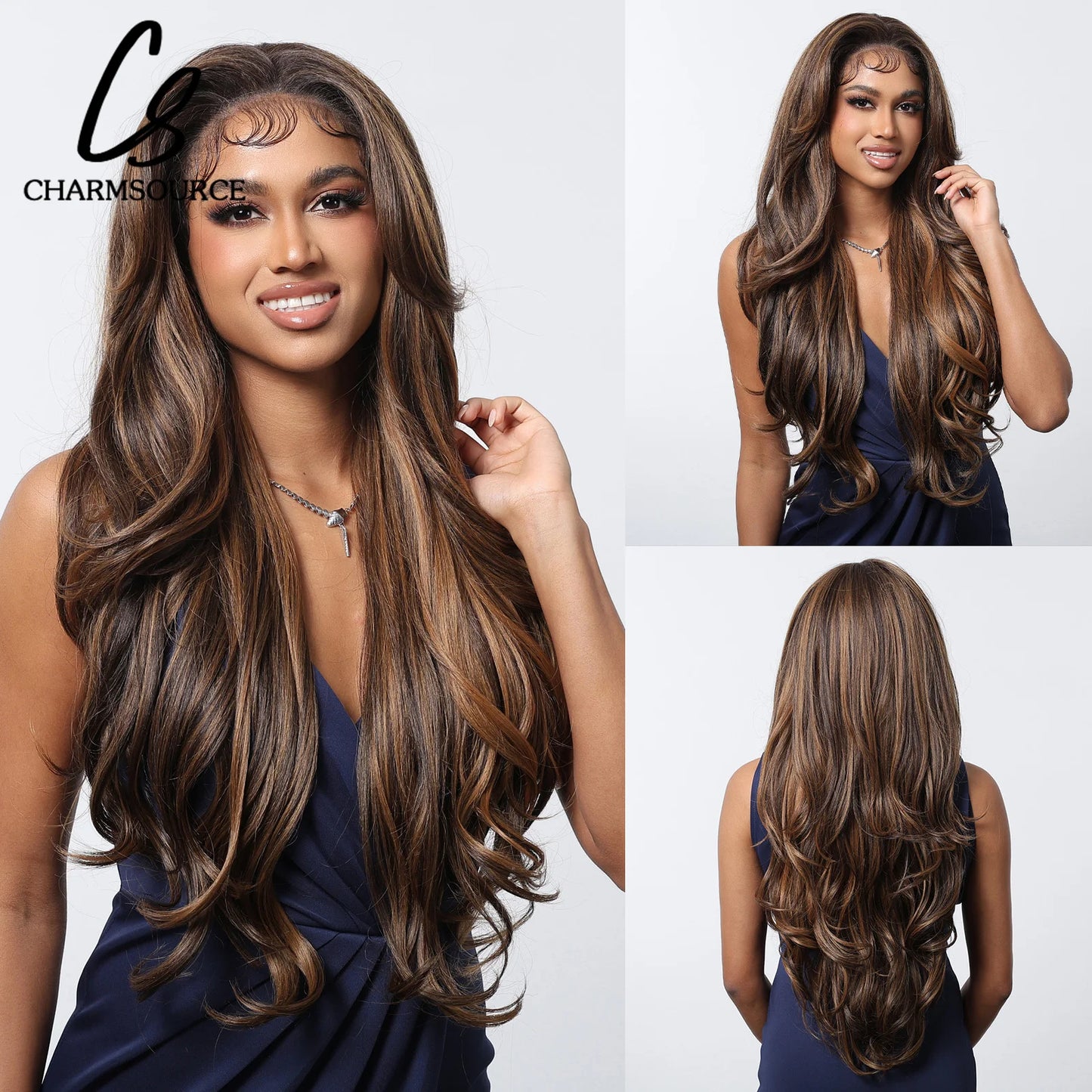 Charm Source 13x6 Perruque en dentelle longue ondulée brune avec racines foncées pour femme, perruque de fête quotidienne, cosplay, mariage, haute densité