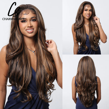 Charm Source 13x6 Perruque en dentelle longue ondulée brune avec racines foncées pour femme, perruque de fête quotidienne, cosplay, mariage, haute densité