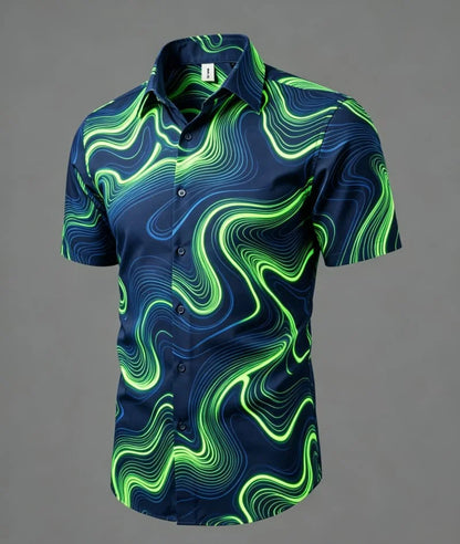 Chemise à manches courtes pour homme, imprimé lignes fluides et abstraites, charme épuré et artistique, idéale pour le streetwear personnalisé