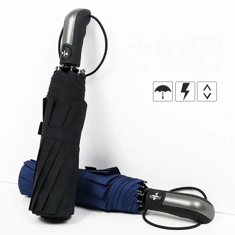 Grand parapluie entièrement automatique et résistant, pliable, pour homme et femme, idéal pour les affaires, le travail ou la pluie