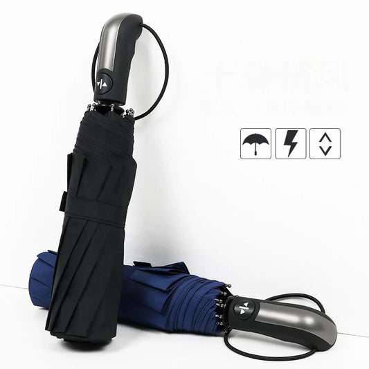 Grand parapluie entièrement automatique et résistant, pliable, pour homme et femme, idéal pour les affaires, le travail ou la pluie