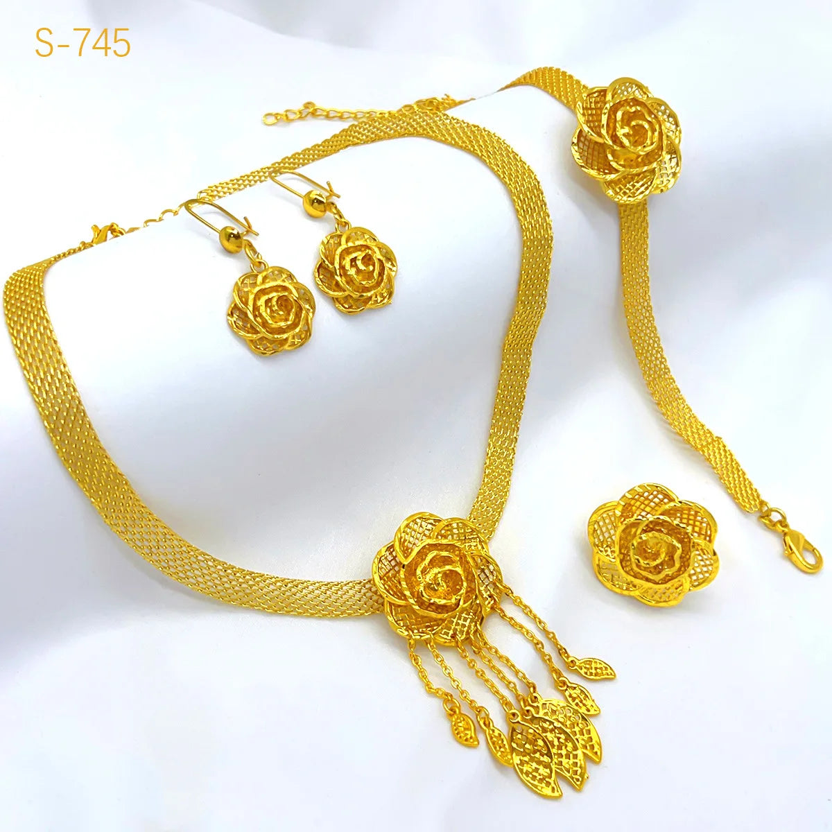 Femmes fleur gland collier boucles d'oreilles bague Bracelet mariée 4 pièces ensemble fine fleur/gland fluide, chaud 24K, AU999 double garantie