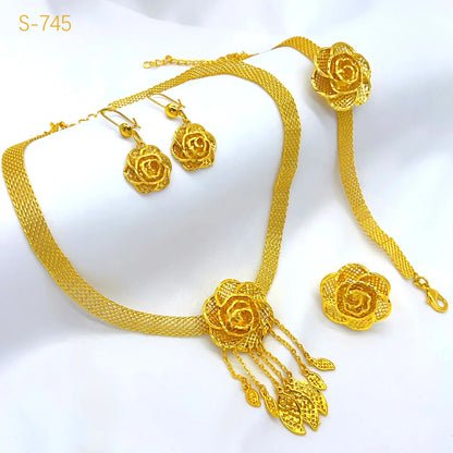 Femmes fleur gland collier boucles d'oreilles bague Bracelet mariée 4 pièces ensemble fine fleur/gland fluide, chaud 24K, AU999 double garantie