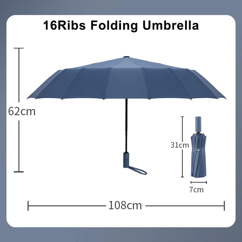 Parapluie pliant entièrement automatique à 16 baleines pour homme et femme, grand, résistant, résistant aux UV, de luxe, pour les affaires, coupe-vent