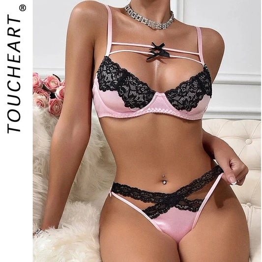 Toucheart-Ensemble de sous-vêtements en dentelle rose pour femmes, soutien-gorge, string, nœud papillon, noir, amissié, sexy, lingerie, patchwork