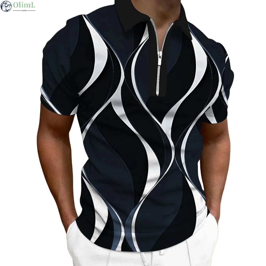 Polo à revers zippé pour homme Polos de golf Imprimés graphiques Géométrie Linéaire Rabattu Manches courtes Fermeture éclair Vêtements Hauts Designer
