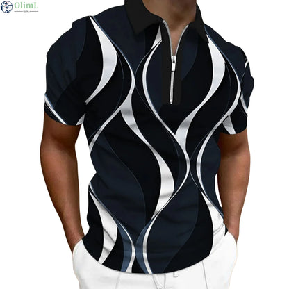 Polo à revers zippé pour homme Polos de golf Imprimés graphiques Géométrie Linéaire Rabattu Manches courtes Fermeture éclair Vêtements Hauts Designer