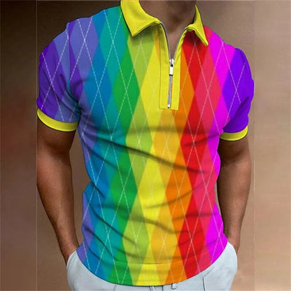Polo arc-en-ciel pour hommes, haut de golf à imprimé coloré, t-shirt tendance, décontracté, de haute qualité, vêtements pour hommes, ample, surdimensionné, zippé