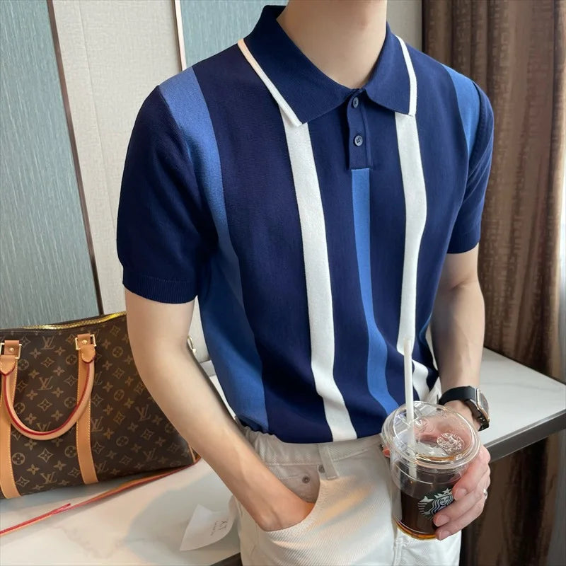 T-shirt à manches courtes en soie glacée à rayures contrastées pour homme, tendance mode été 2024, style britannique, décontracté, col polo