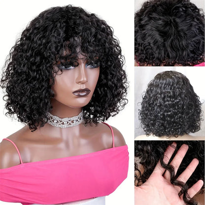 Perruque de cheveux humains courte ondulée Pixie Cut Bob avec frange Perruques complètes pour femmes noires Remy Perruque Cheveux Humain Bouclés