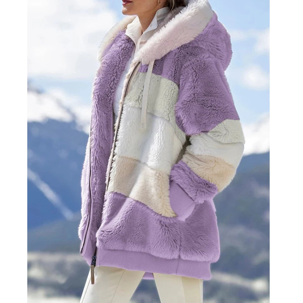 Veste surdimensionnée pour femmes manteau 2025 automne hiver chaud en peluche poche à capuche Streetwear ample dame fermeture éclair cachemire manteau d'extérieur