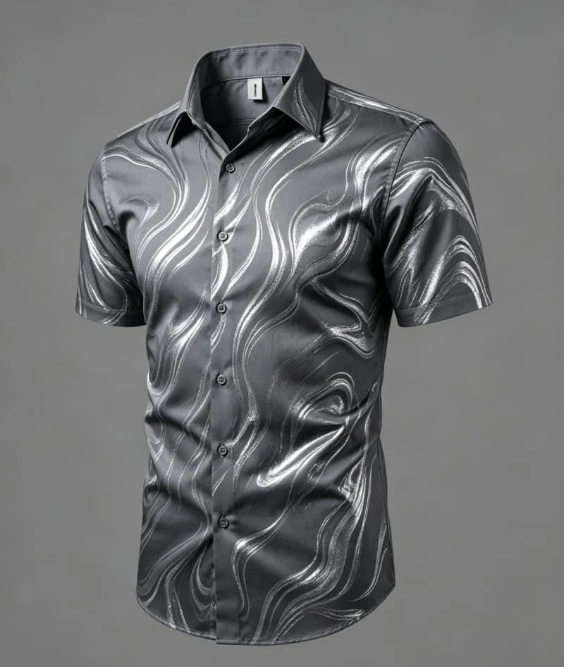 Chemise à manches courtes pour homme, imprimé lignes fluides et abstraites, charme épuré et artistique, idéale pour le streetwear personnalisé