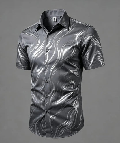 Chemise à manches courtes pour homme, imprimé lignes fluides et abstraites, charme épuré et artistique, idéale pour le streetwear personnalisé