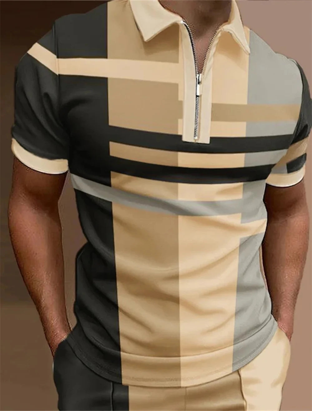 Polo à revers zippé pour homme Polos de golf Imprimés graphiques Géométrie Linéaire Rabattu Manches courtes Fermeture éclair Vêtements Hauts Designer