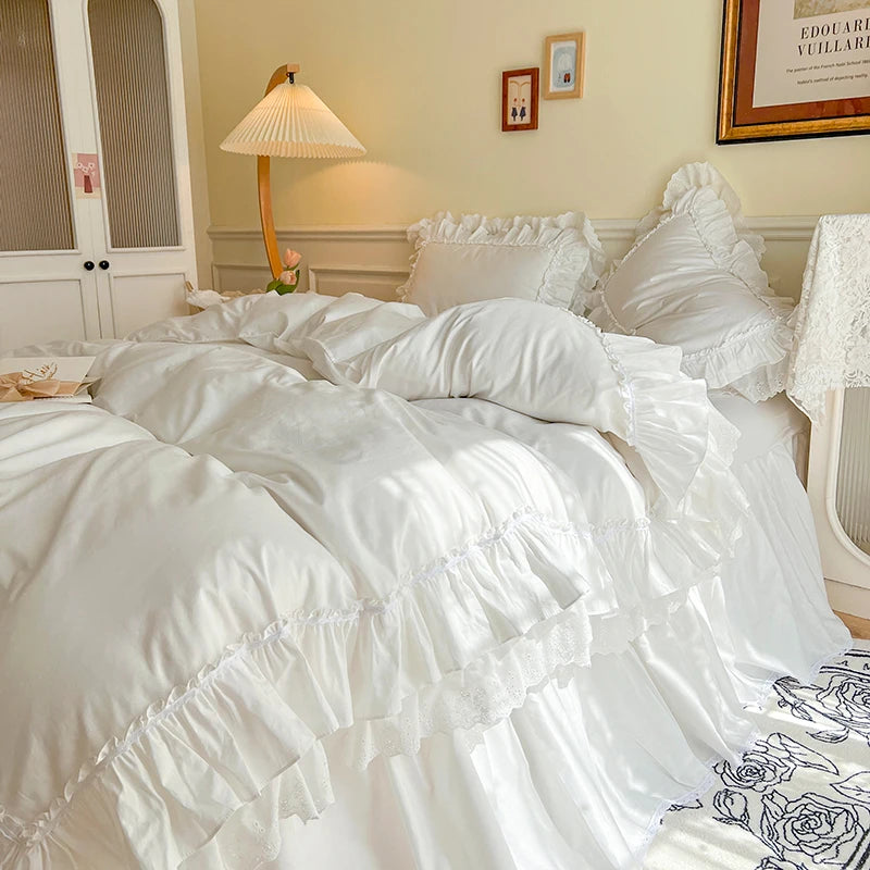 Parure de lit 100% coton, blanc, Style princesse coréenne, Double couche, à volants en dentelle, housse de couette, jupe de lit, couvre-lit, taies d'oreiller, 4 pièces
