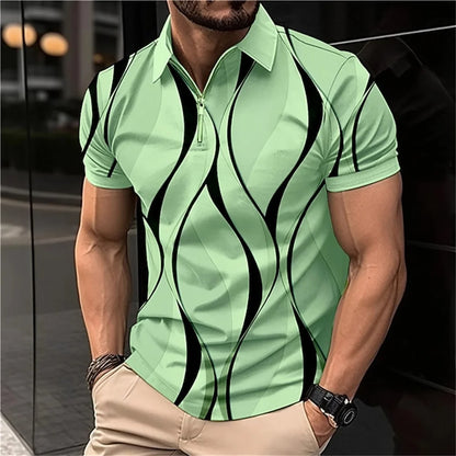 Polo à revers zippé pour homme Polos de golf Imprimés graphiques Géométrie Linéaire Rabattu Manches courtes Fermeture éclair Vêtements Hauts Designer