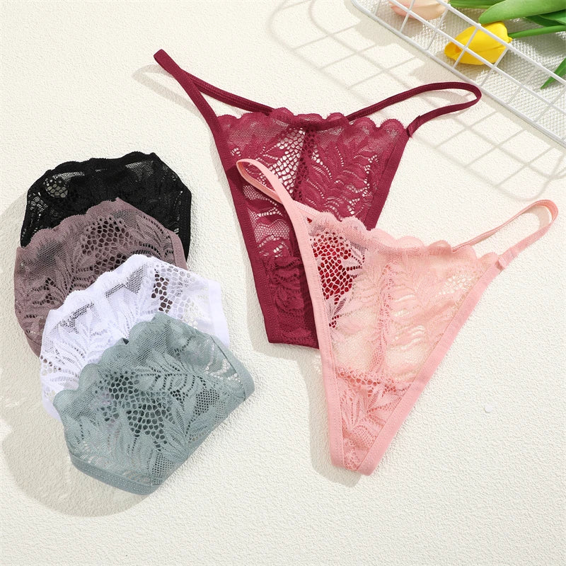 Lot de 4 sous-vêtements sexy en dentelle pour femmes, culottes exotiques, en dentelle transparente, ajourée, string, entrejambe, intimes féminins, S-XL