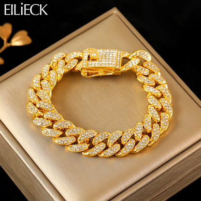 EILIECK Bracelet chaîne cubaine en acier inoxydable 316L couleur or pour femmes hommes tendance punk étanche chaîne de poignet bijoux cadeau fête