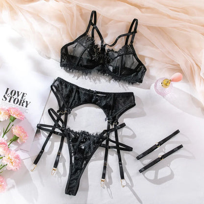 Tornova 4 pièces ensemble de Lingerie Sexy pour les femmes maille et dentelle Perspective Sexy push-up couleur unie dentelle évider ensemble de sous-vêtements nouveau