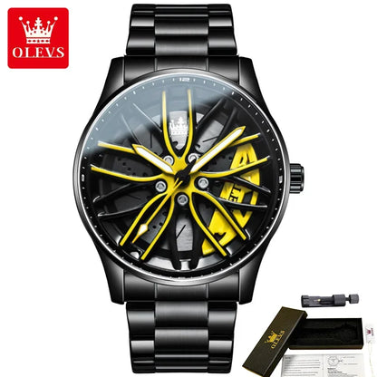 Montres-bracelets à quartz de sport OLEVS 9937 pour hommes, design de roue, montres à bracelet en acier inoxydable étanche de haute qualité pour hommes, lumineuses
