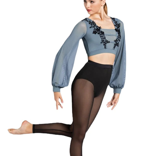 Puff Long Sleeves Dance Crop Top Modern Ballet Mesh Blouson Competition Wear Performance Costume for Girls Women