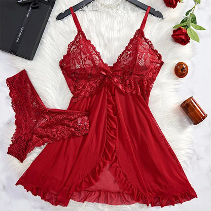 Un ensemble de sous-vêtements de femme chemise de nuit string ensembles grande taille jarretelle dentelle Lingerie accessoires Sexy soutien-gorge érotique chemise de nuit lencería
