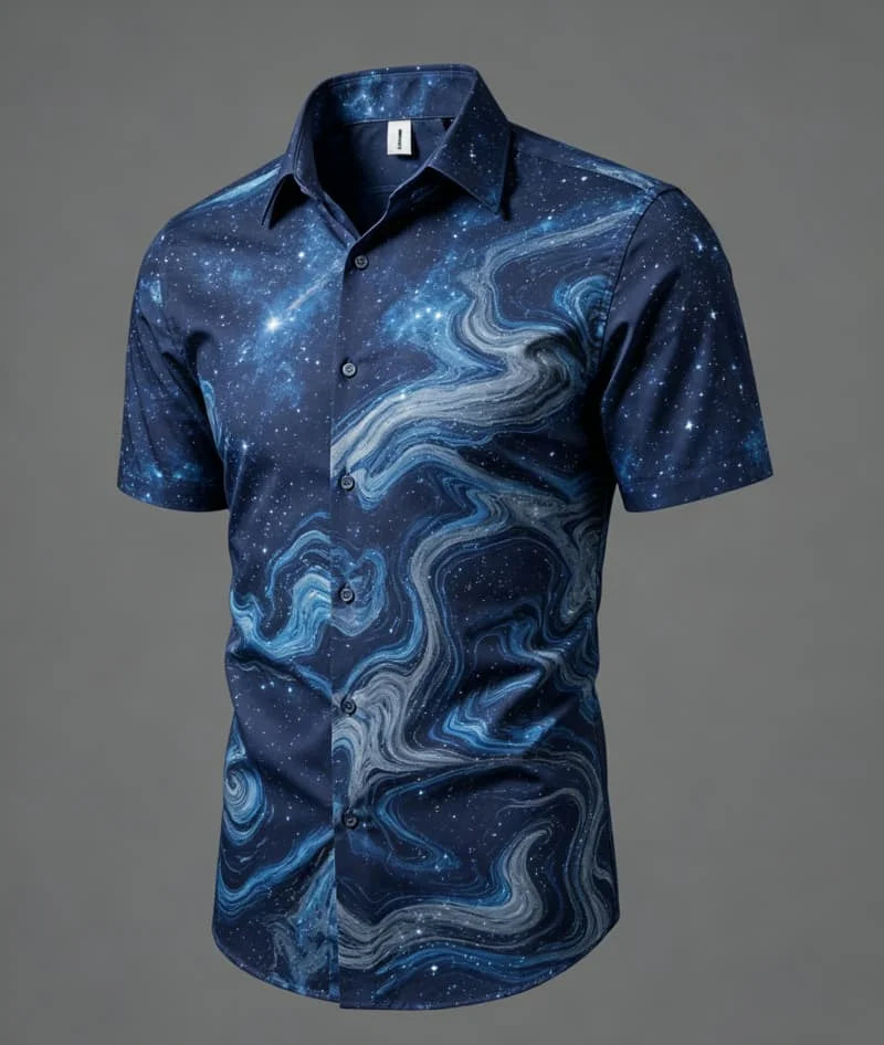 Chemise à manches courtes pour homme, imprimé lignes fluides et abstraites, charme épuré et artistique, idéale pour le streetwear personnalisé