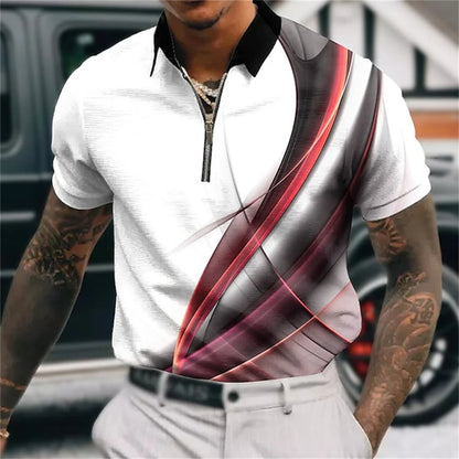 Polo à revers zippé pour homme Polos de golf Imprimés graphiques Géométrie Linéaire Rabattu Manches courtes Fermeture éclair Vêtements Hauts Designer