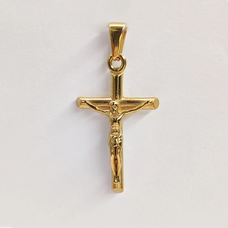 Collier Pendentif Croix de Jésus en Acier Inoxydable Doré à l'Or 18k pour Hommes et Femmes, Unisexe, Religieux, Étanche, Accessoire de Bijouterie