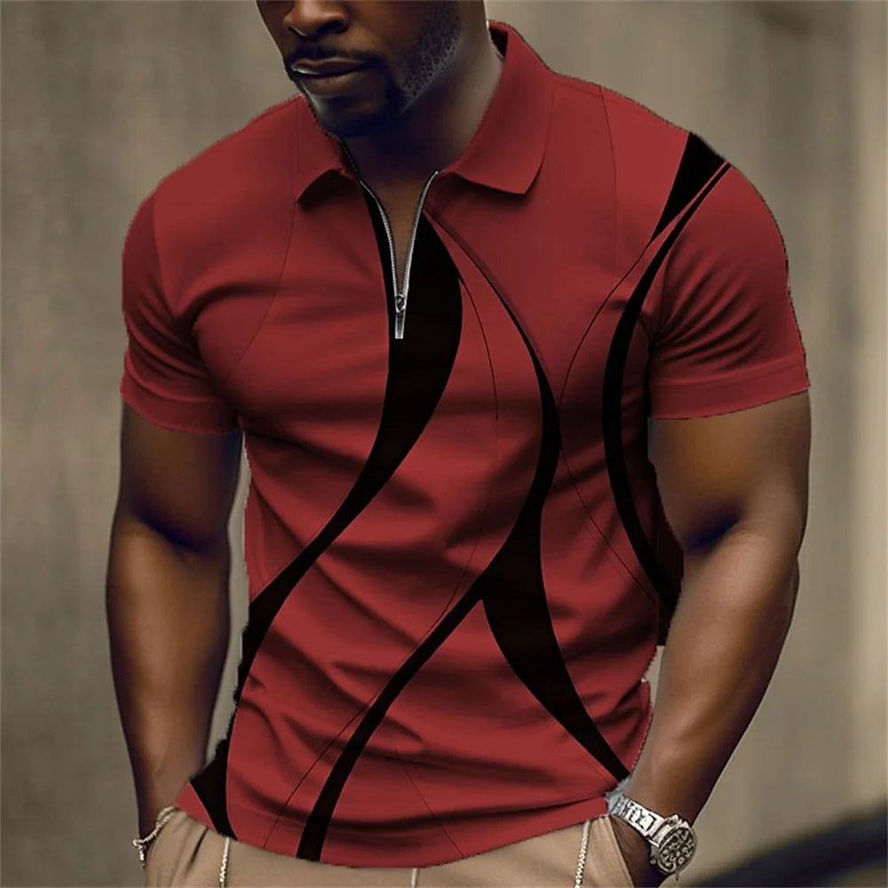 Polo à revers zippé pour homme Polos de golf Imprimés graphiques Géométrie Linéaire Rabattu Manches courtes Fermeture éclair Vêtements Hauts Designer