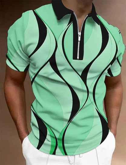 Polo à revers zippé pour homme Polos de golf Imprimés graphiques Géométrie Linéaire Rabattu Manches courtes Fermeture éclair Vêtements Hauts Designer