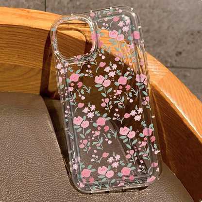 Pink Flower Patterned Shockproof Phone Case For iPhone 14 13 11 12 15 16 Pro Max 7 8 Plus XR X XS Max Clear Air Cushion Cover